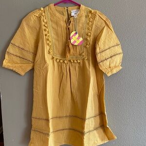 Hayden Mustard Dress with Pom Pom Accents